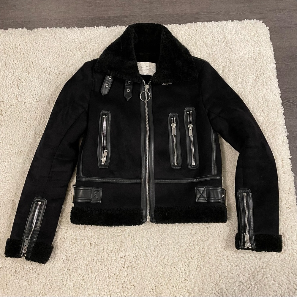 Zara black shearling Sherpa suede silver zipper jacket xs